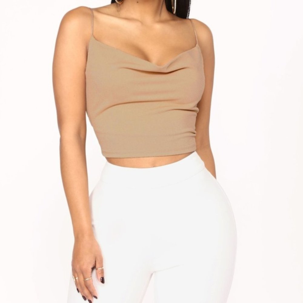 FASHION NOVA Nude Cowl Neck Tank Crop Light Brown Top Medium NWT